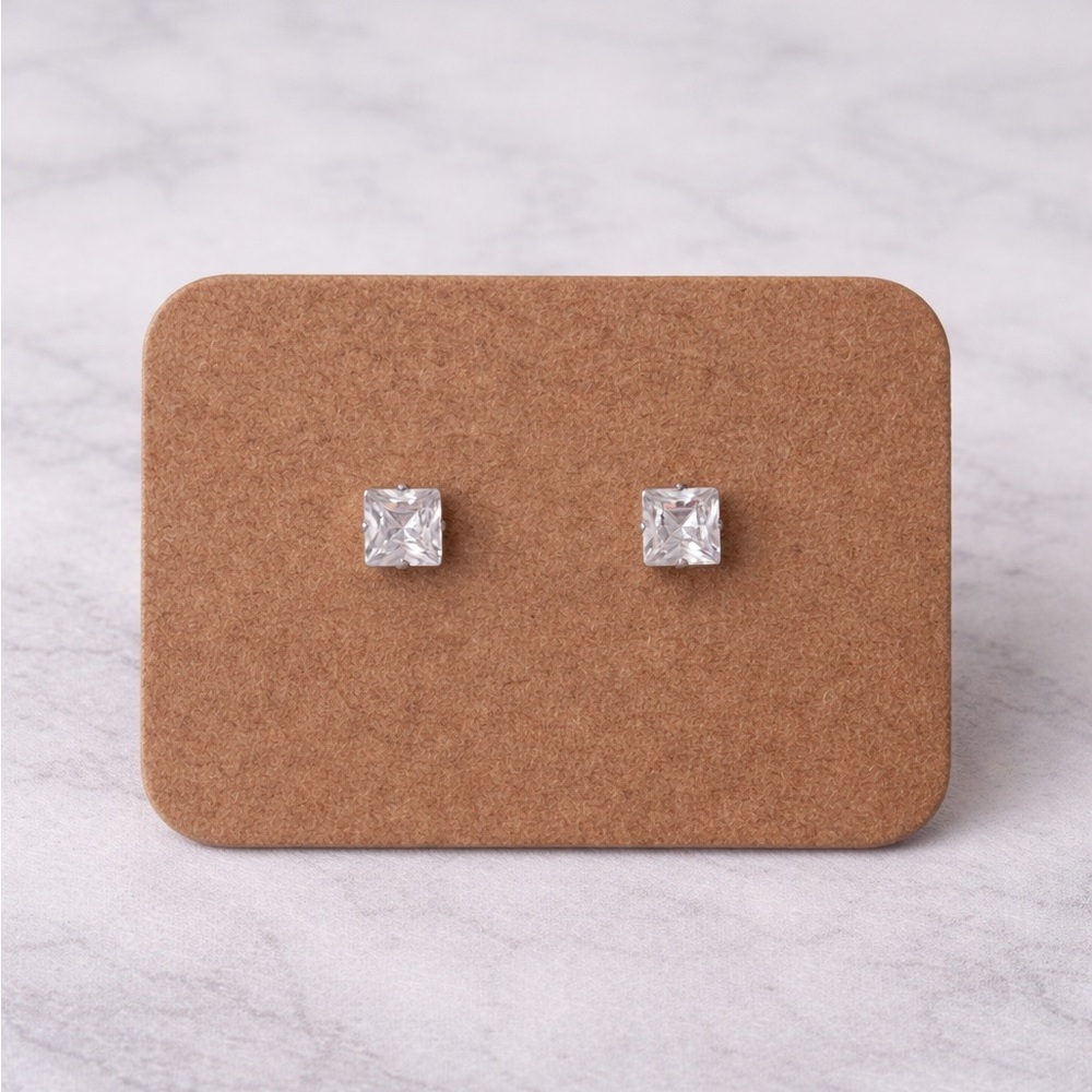 Minimal Square Crystal Stud Earrings Flat Back Silver | NEW